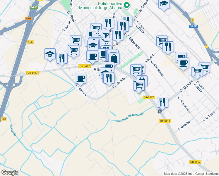 map of restaurants, bars, coffee shops, grocery stores, and more near 2 Calle Reina Fabiola in Albolote