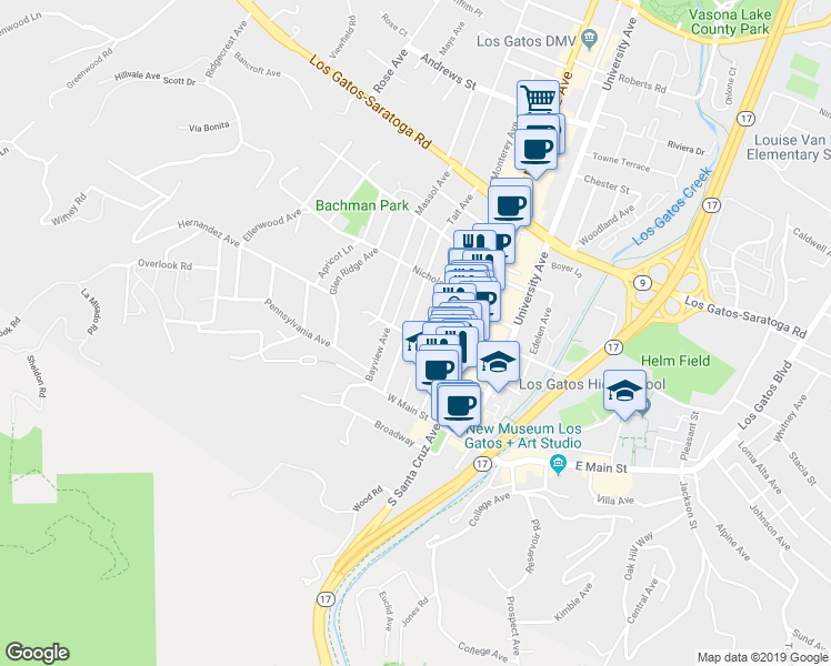 map of restaurants, bars, coffee shops, grocery stores, and more near 110 Tait Avenue in Los Gatos
