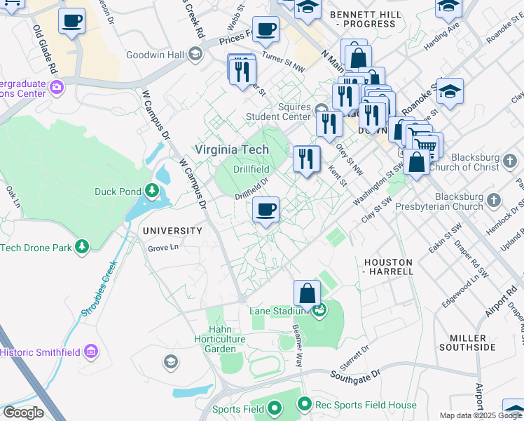 map of restaurants, bars, coffee shops, grocery stores, and more near in Blacksburg