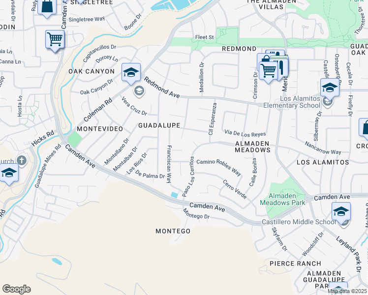 map of restaurants, bars, coffee shops, grocery stores, and more near 6138 Franciscan Court in San Jose