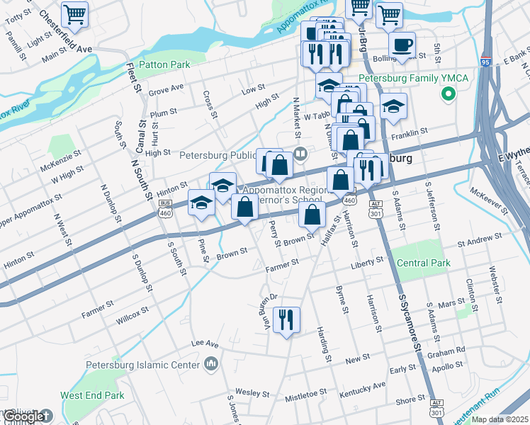 map of restaurants, bars, coffee shops, grocery stores, and more near 42 Perry Street in Petersburg