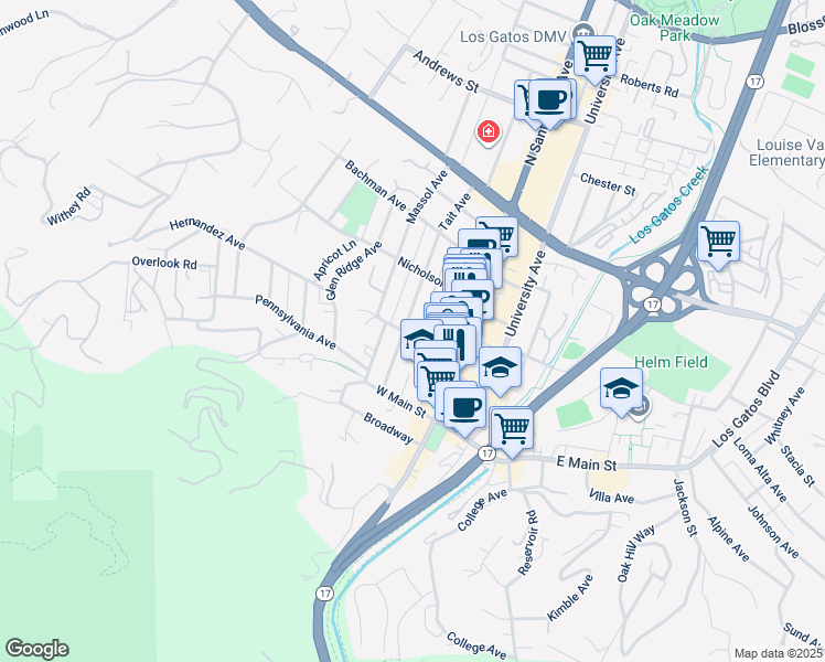 map of restaurants, bars, coffee shops, grocery stores, and more near 100 Tait Avenue in Los Gatos