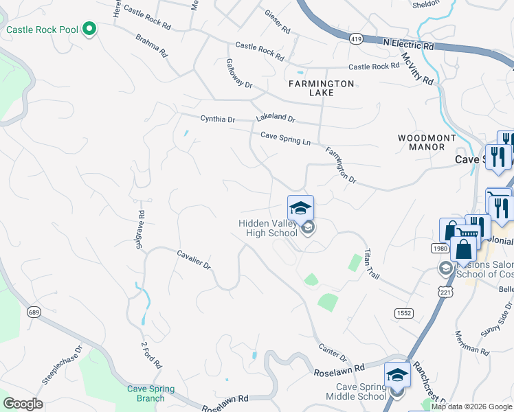 map of restaurants, bars, coffee shops, grocery stores, and more near 3428 Canter Circle in Cave Spring