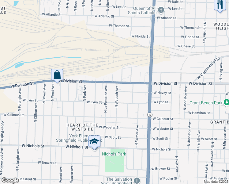 map of restaurants, bars, coffee shops, grocery stores, and more near 1437 North Wabash Avenue in Springfield