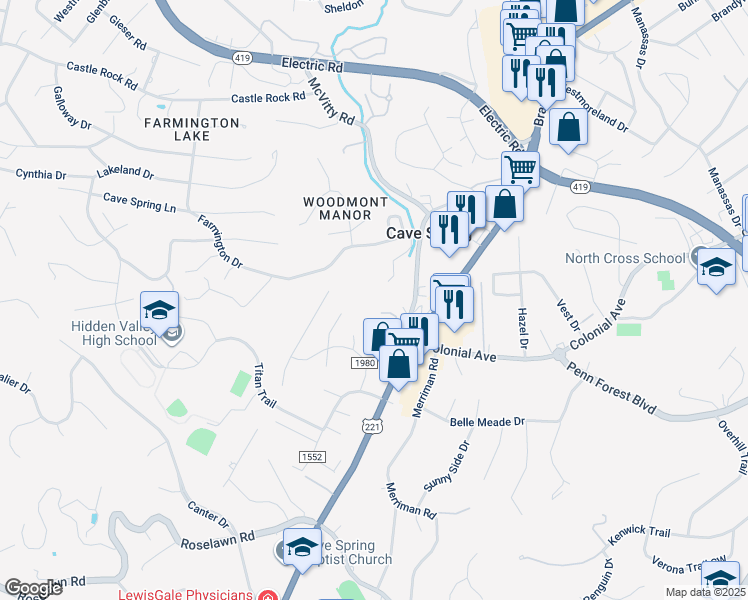 map of restaurants, bars, coffee shops, grocery stores, and more near 4457 Brambleton Avenue in Cave Spring