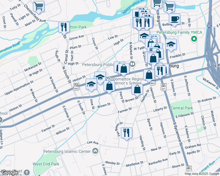 map of restaurants, bars, coffee shops, grocery stores, and more near 35 Guarantee Street in Petersburg