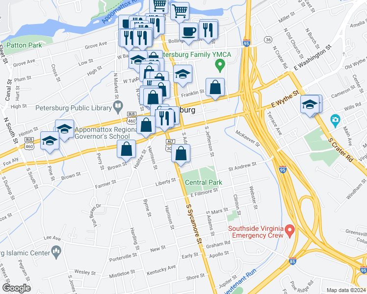 map of restaurants, bars, coffee shops, grocery stores, and more near 142 South Adams Street in Petersburg