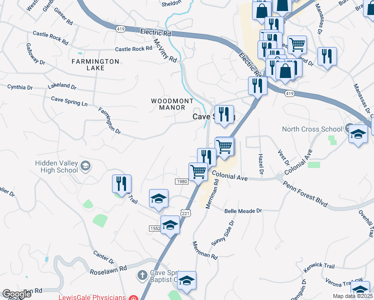 map of restaurants, bars, coffee shops, grocery stores, and more near 4457 Brambleton Avenue in Cave Spring