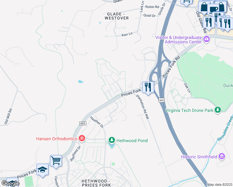 map of restaurants, bars, coffee shops, grocery stores, and more near 1004 Gustafson Avenue in Blacksburg