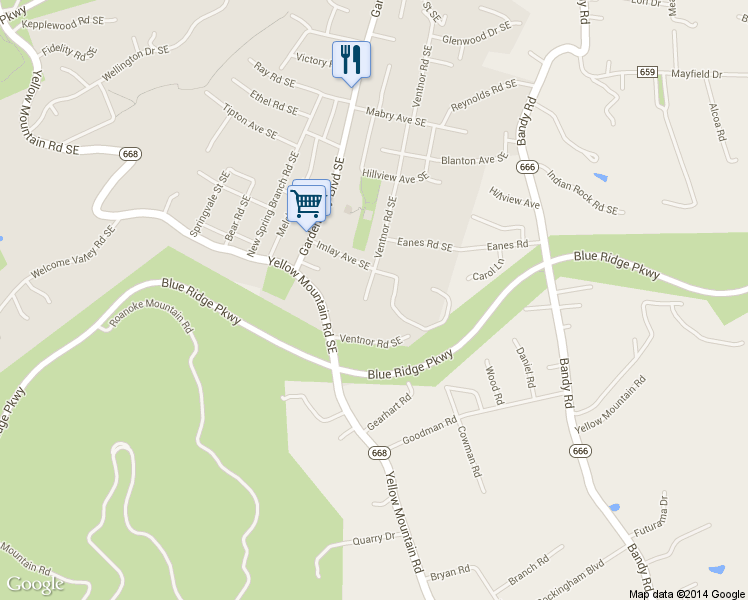 map of restaurants, bars, coffee shops, grocery stores, and more near 3828 Ventnor Road Southeast in Roanoke
