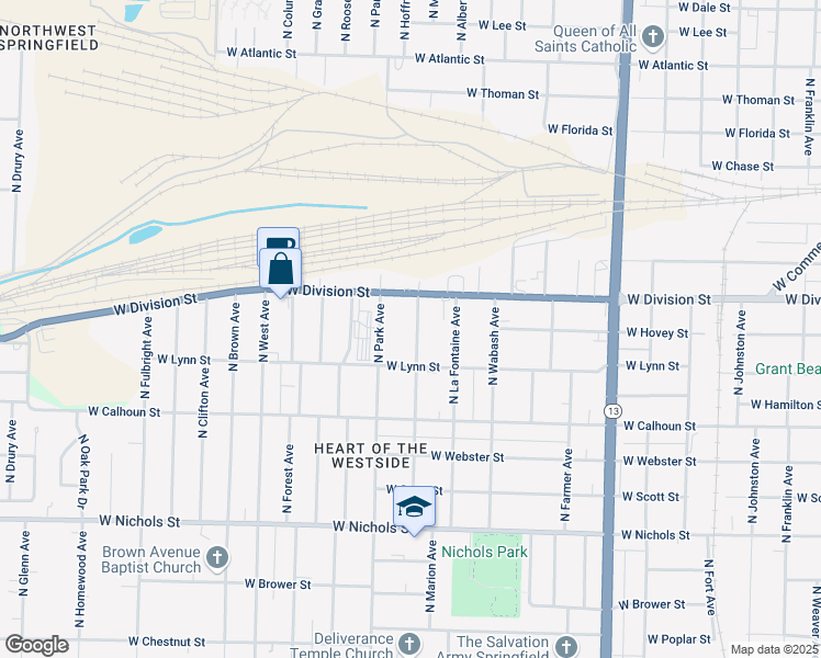 map of restaurants, bars, coffee shops, grocery stores, and more near 1437 North Marion Avenue in Springfield