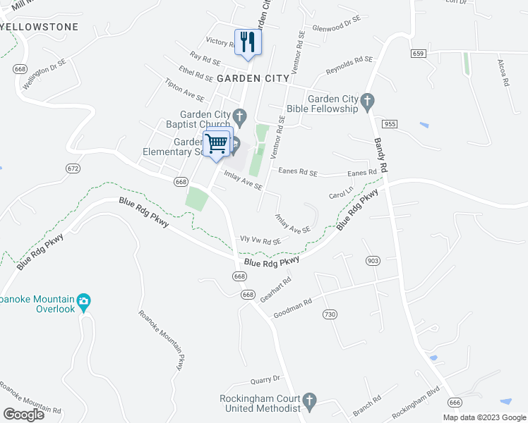 map of restaurants, bars, coffee shops, grocery stores, and more near 3828 Ventnor Road Southeast in Roanoke
