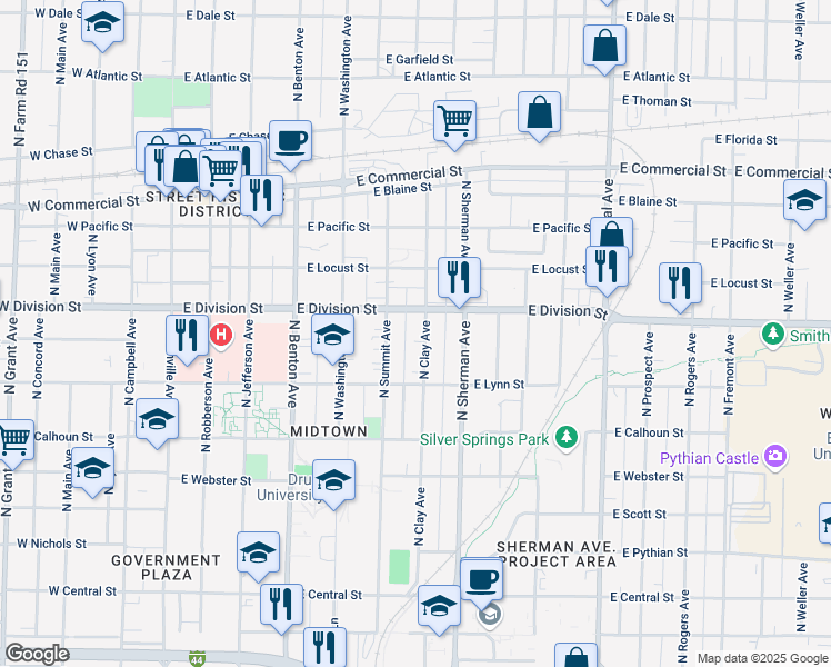 map of restaurants, bars, coffee shops, grocery stores, and more near 1462 North Clay Avenue in Springfield
