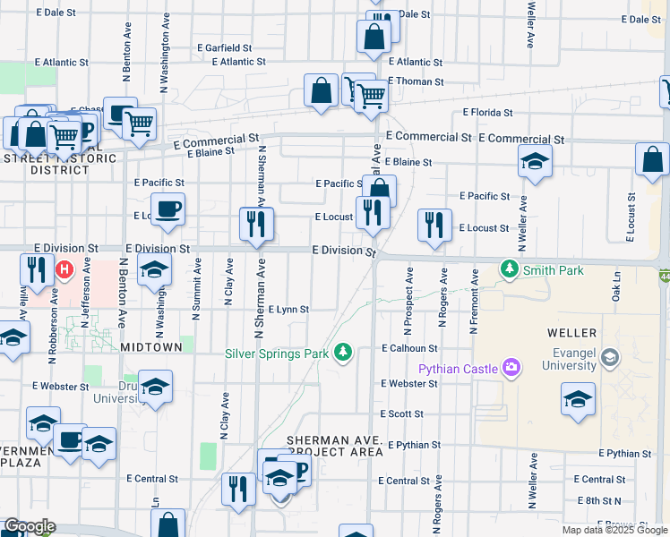 map of restaurants, bars, coffee shops, grocery stores, and more near 1455 North Hampton Avenue in Springfield