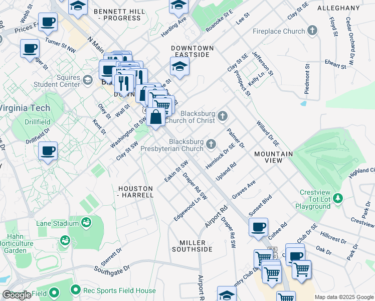 map of restaurants, bars, coffee shops, grocery stores, and more near 103 Mountain View Drive Southeast in Blacksburg
