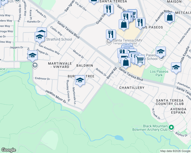 map of restaurants, bars, coffee shops, grocery stores, and more near 6971 Del Rio Drive in San Jose