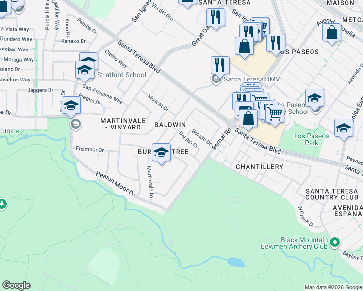 map of restaurants, bars, coffee shops, grocery stores, and more near 242 Burning Tree Drive in San Jose