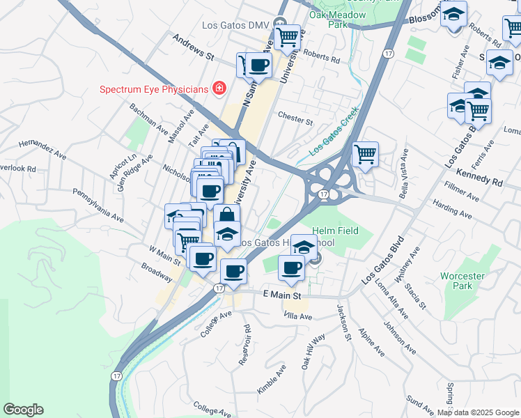 map of restaurants, bars, coffee shops, grocery stores, and more near 225 Edelen Avenue in Los Gatos