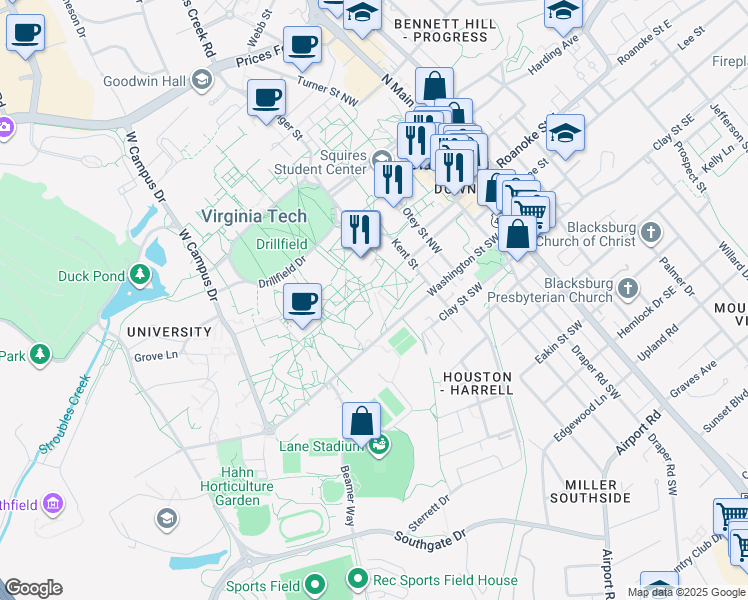 map of restaurants, bars, coffee shops, grocery stores, and more near in Blacksburg