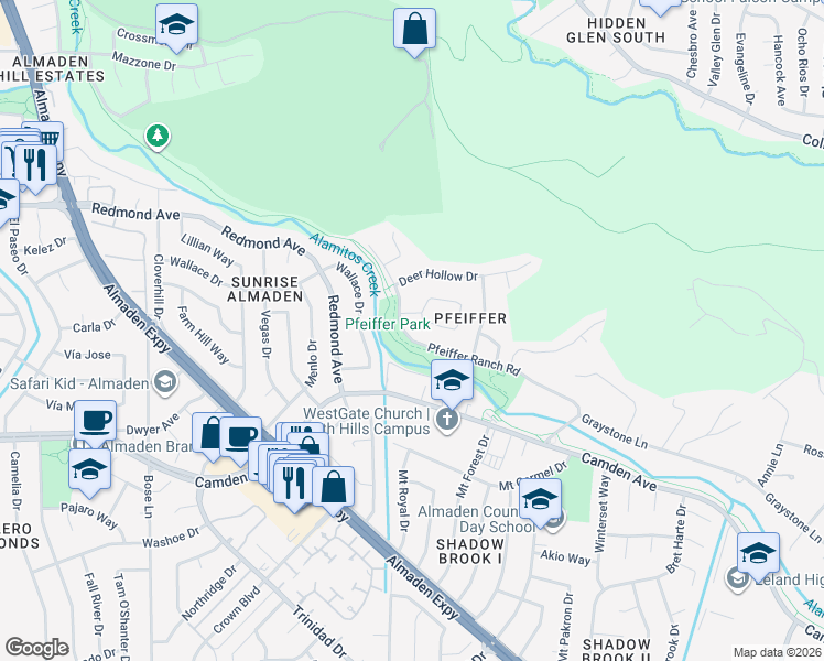 map of restaurants, bars, coffee shops, grocery stores, and more near 6480 Pfeiffer Ranch Road in San Jose