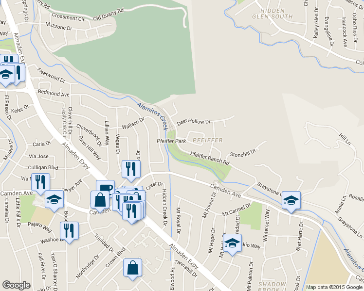 map of restaurants, bars, coffee shops, grocery stores, and more near 6480 Pfeiffer Ranch Rd in San Jose