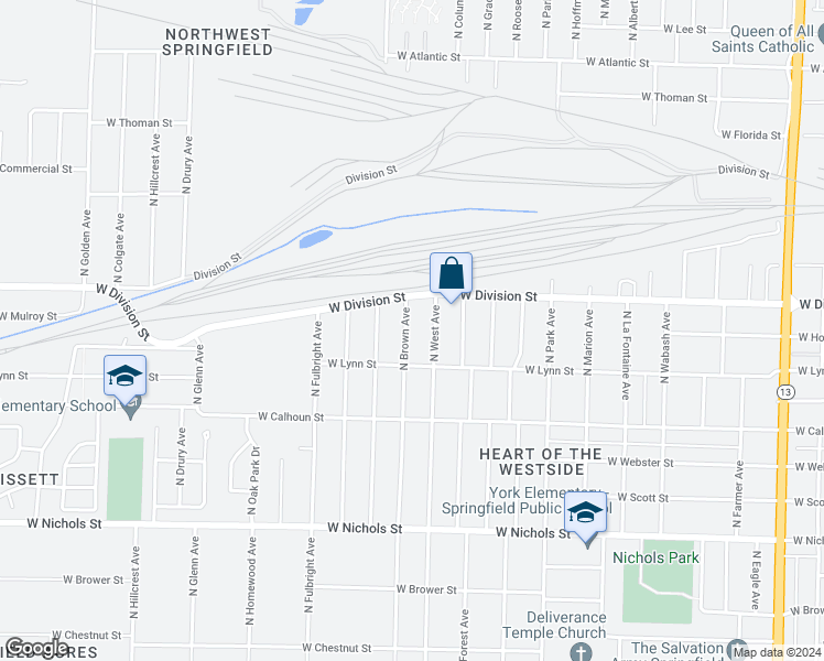 map of restaurants, bars, coffee shops, grocery stores, and more near 1438 North Brown Avenue in Springfield