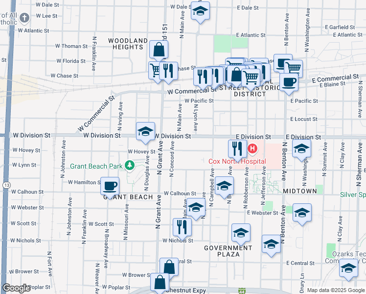 map of restaurants, bars, coffee shops, grocery stores, and more near 609 West Hovey Street in Springfield