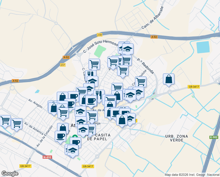 map of restaurants, bars, coffee shops, grocery stores, and more near 51 Calle Cedazos in Atarfe