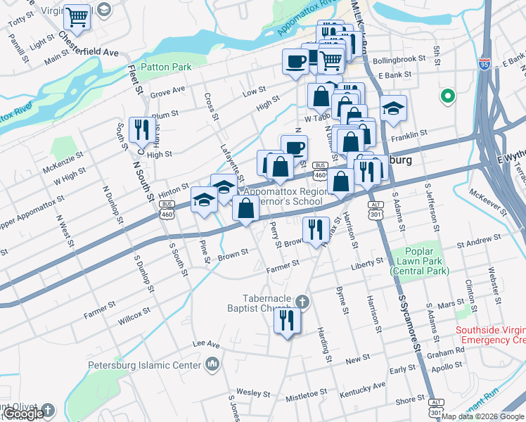 map of restaurants, bars, coffee shops, grocery stores, and more near 38 Perry Street in Petersburg