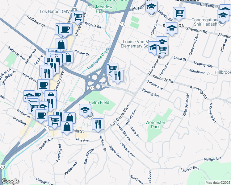 map of restaurants, bars, coffee shops, grocery stores, and more near 225 Bella Vista Avenue in Los Gatos
