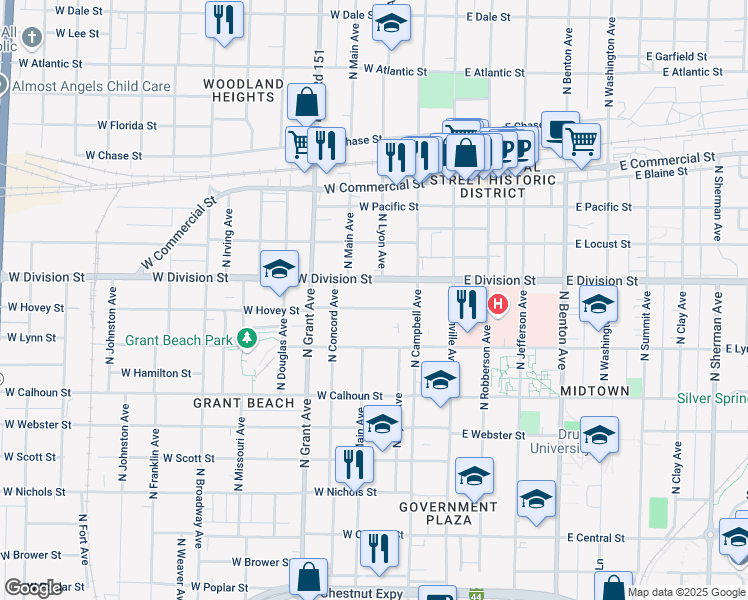 map of restaurants, bars, coffee shops, grocery stores, and more near 513 West Hovey Street in Springfield