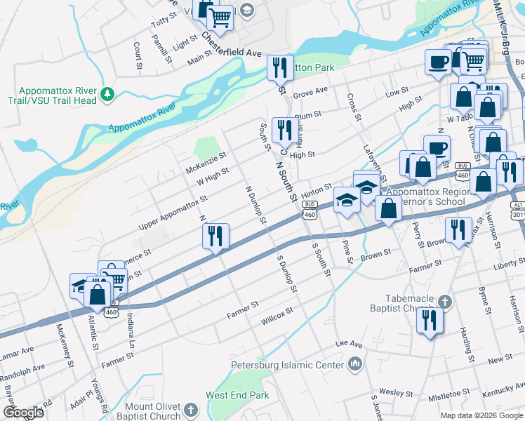 map of restaurants, bars, coffee shops, grocery stores, and more near 855 Hinton Street in Petersburg
