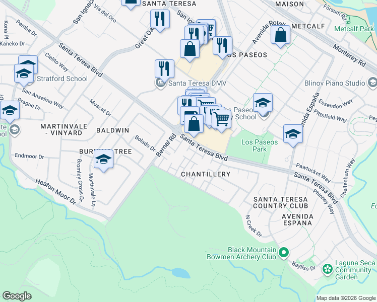 map of restaurants, bars, coffee shops, grocery stores, and more near 7073 Cypress Point Court in San Jose