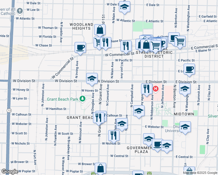 map of restaurants, bars, coffee shops, grocery stores, and more near 631 West Hovey Street in Springfield