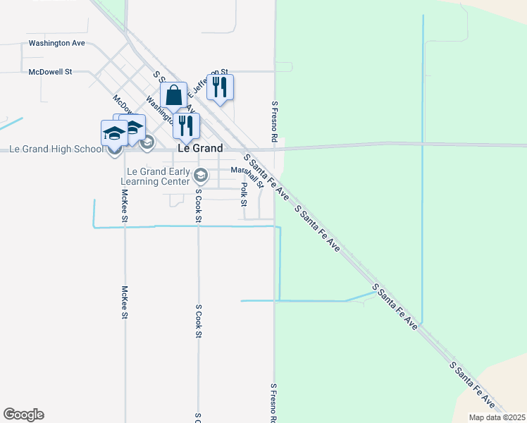 map of restaurants, bars, coffee shops, grocery stores, and more near 4226 Marshall Street in Le Grand