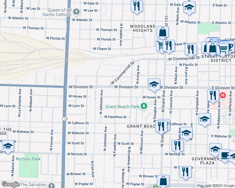 map of restaurants, bars, coffee shops, grocery stores, and more near 1101 West Hovey Street in Springfield