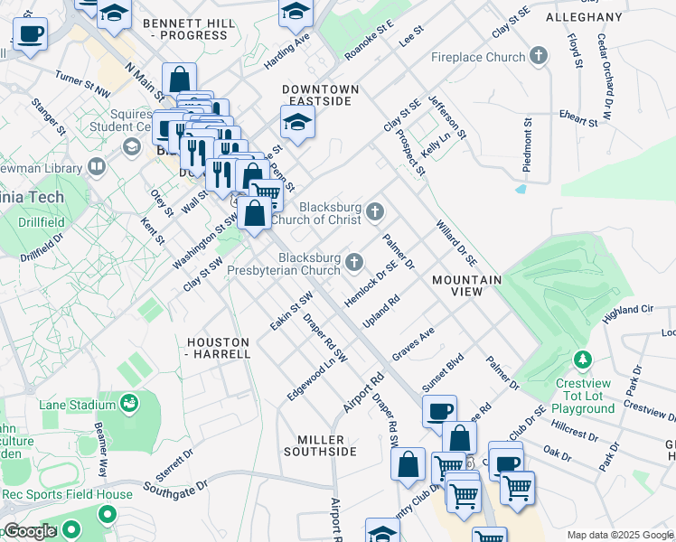 map of restaurants, bars, coffee shops, grocery stores, and more near Eakin Street Southeast in Blacksburg