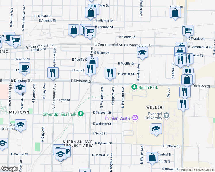 map of restaurants, bars, coffee shops, grocery stores, and more near 1320 East Division Street in Springfield