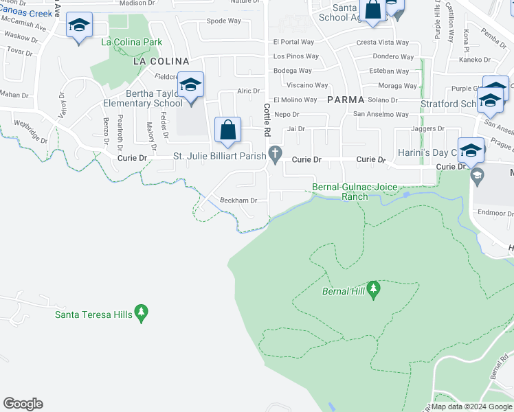 map of restaurants, bars, coffee shops, grocery stores, and more near 392 Beckham Drive in San Jose