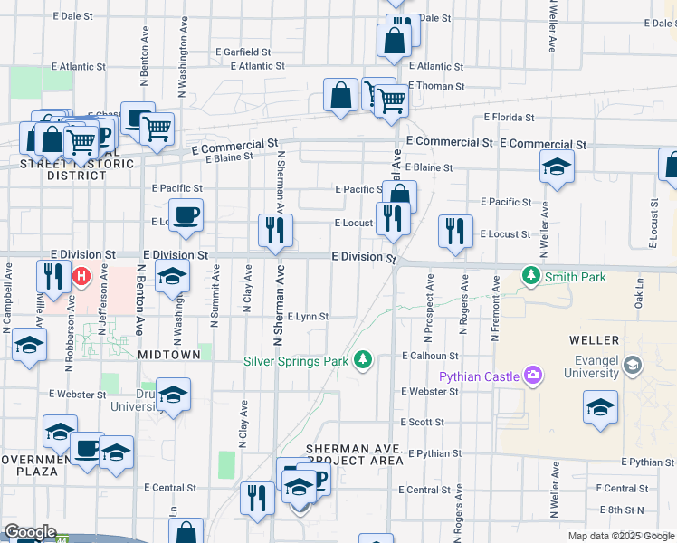 map of restaurants, bars, coffee shops, grocery stores, and more near 1455 North Hampton Avenue in Springfield
