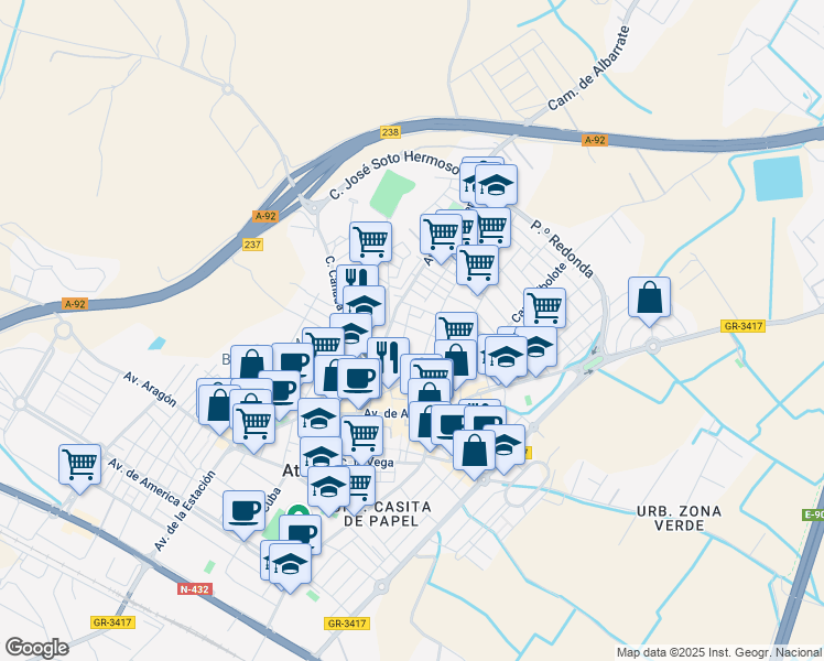 map of restaurants, bars, coffee shops, grocery stores, and more near 51 Calle Cedazos in Atarfe