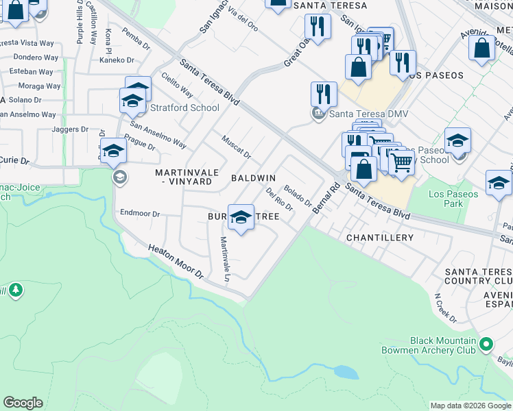 map of restaurants, bars, coffee shops, grocery stores, and more near 242 Burning Tree Drive in San Jose