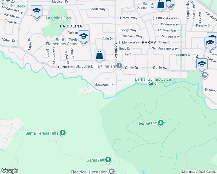 map of restaurants, bars, coffee shops, grocery stores, and more near 392 Beckham Drive in San Jose