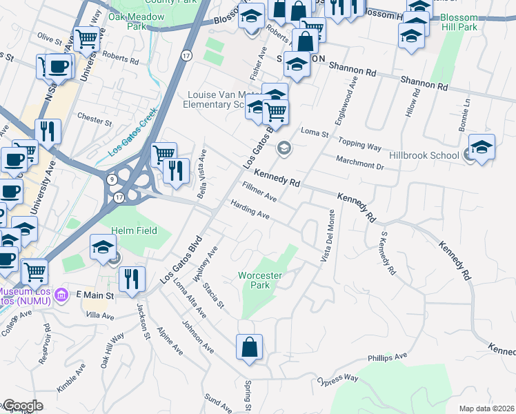 map of restaurants, bars, coffee shops, grocery stores, and more near 219 Harding Avenue in Los Gatos