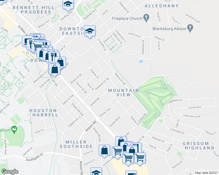 map of restaurants, bars, coffee shops, grocery stores, and more near 809 Palmer Drive in Blacksburg
