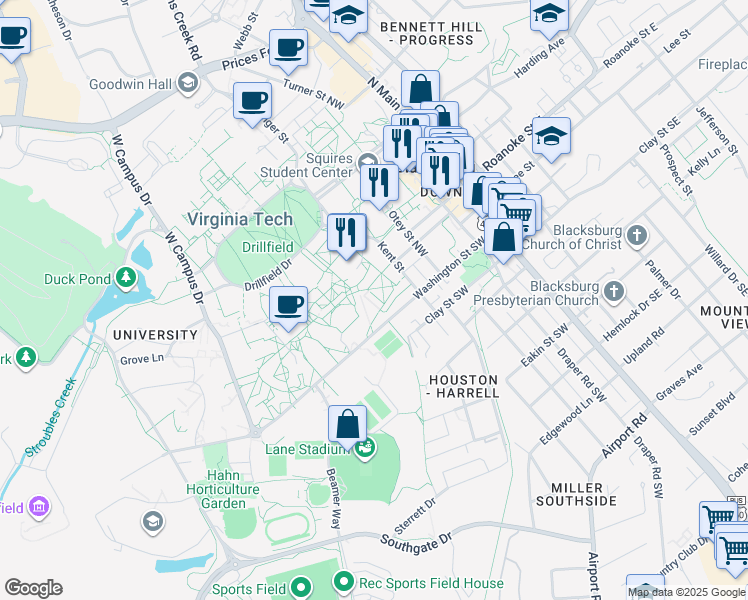 map of restaurants, bars, coffee shops, grocery stores, and more near in Blacksburg