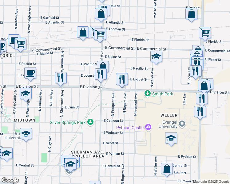 map of restaurants, bars, coffee shops, grocery stores, and more near 1320 East Division Street in Springfield