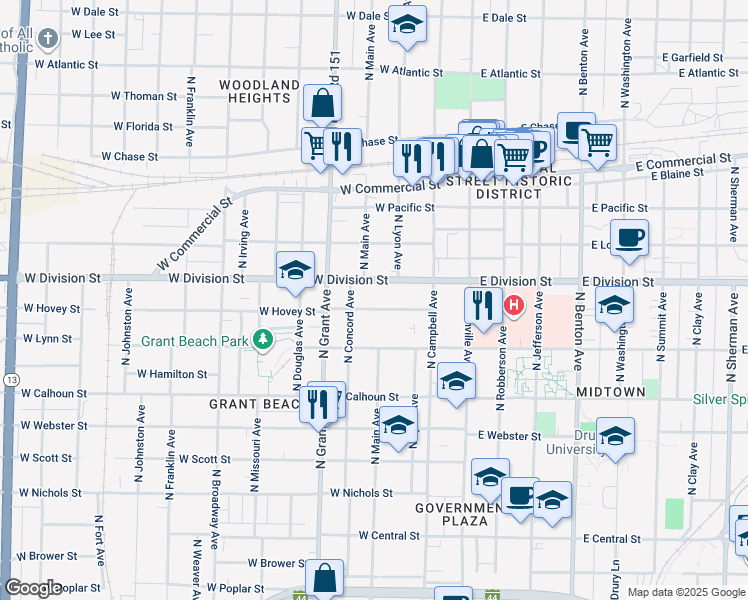 map of restaurants, bars, coffee shops, grocery stores, and more near 513 West Hovey Street in Springfield