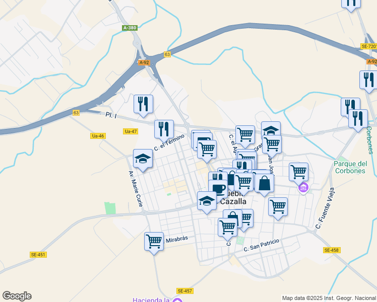 map of restaurants, bars, coffee shops, grocery stores, and more near 11 Calle Tirso de Molina in La Puebla de Cazalla