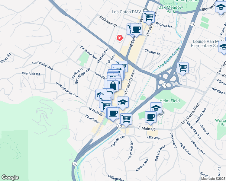 map of restaurants, bars, coffee shops, grocery stores, and more near 133 North Santa Cruz Avenue in Los Gatos